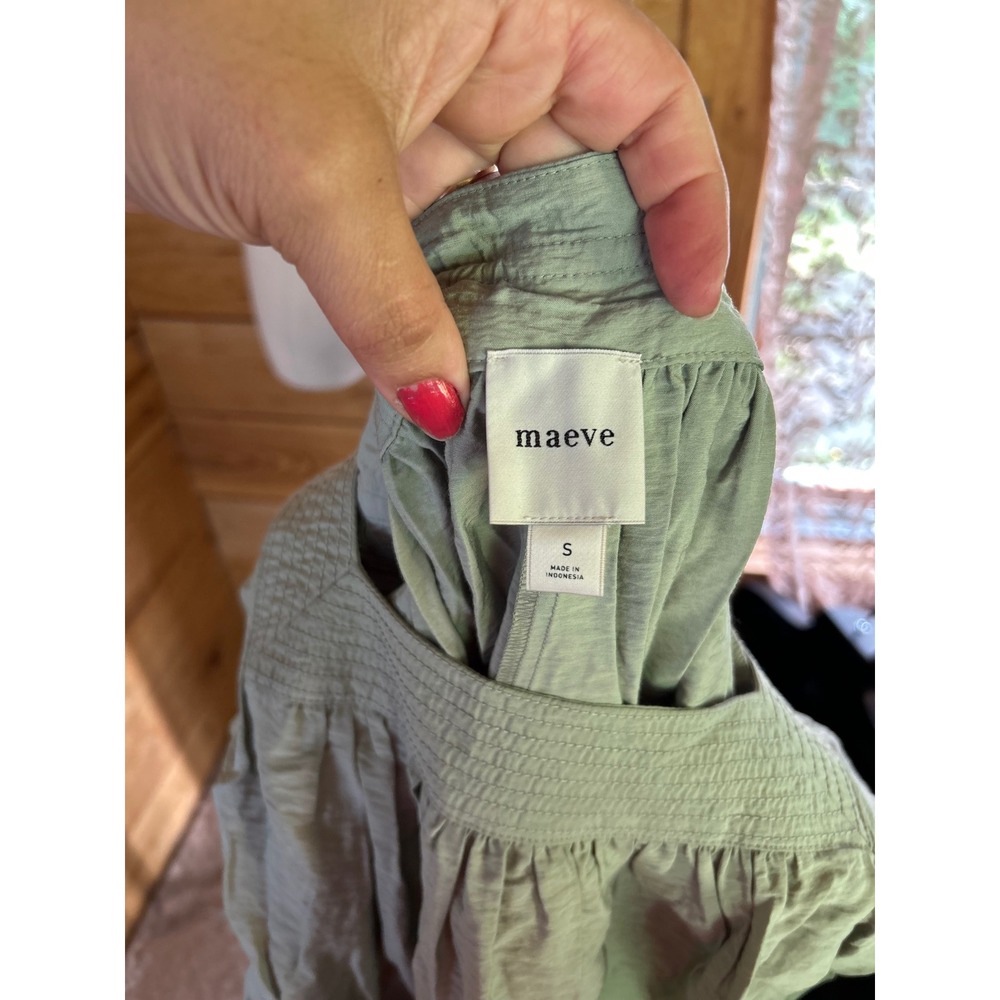 Maeve Sutton Smocked Blouse Women Small Sage Green Square Neck Bishop Sleeve Top - Picture 5 of 7